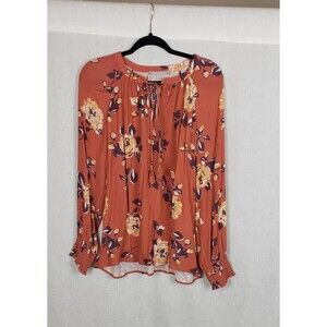 Daniel Rainn Blouse L‎ Rust Brown Floral Boho Tassel Peasant Boho Casual Fall